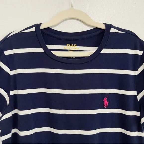 Polo Ralph Lauren Navy Blue White Striped T Shirt Children’s 100% Cotton Size M - Picture 3 of 7